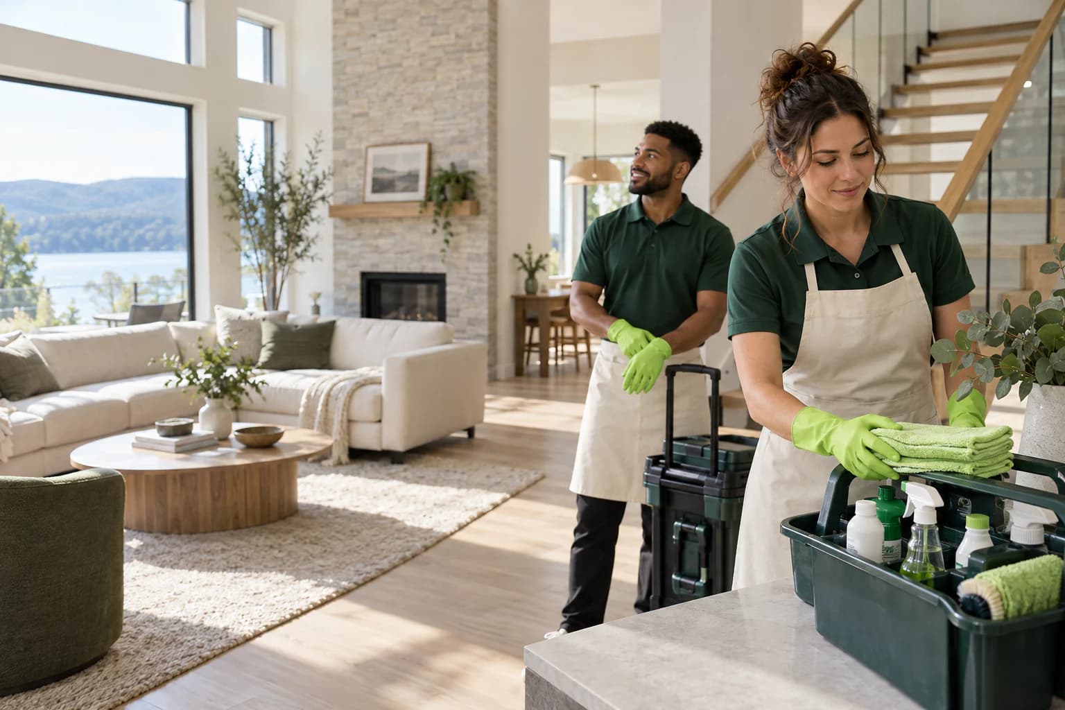 An EclaGest cleaning team preparing its equipment in a modern home